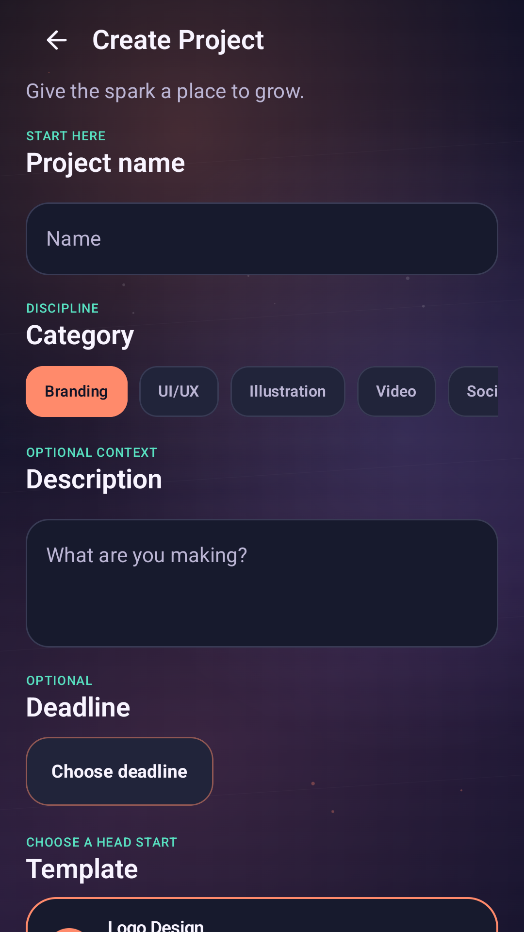 Create project screen